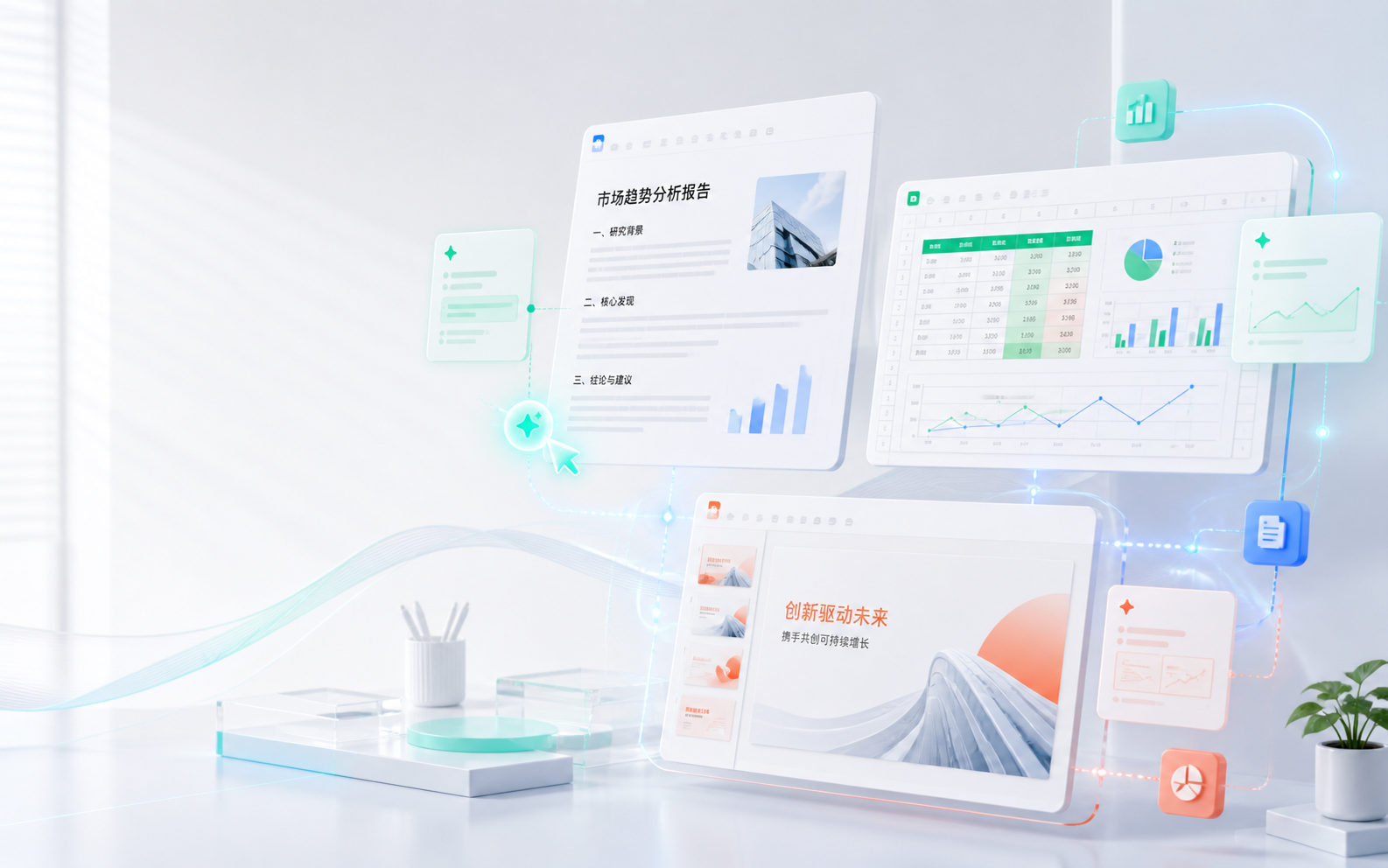 文档、数据表格和商务演示在AI协同下完成办公任务的三维视觉