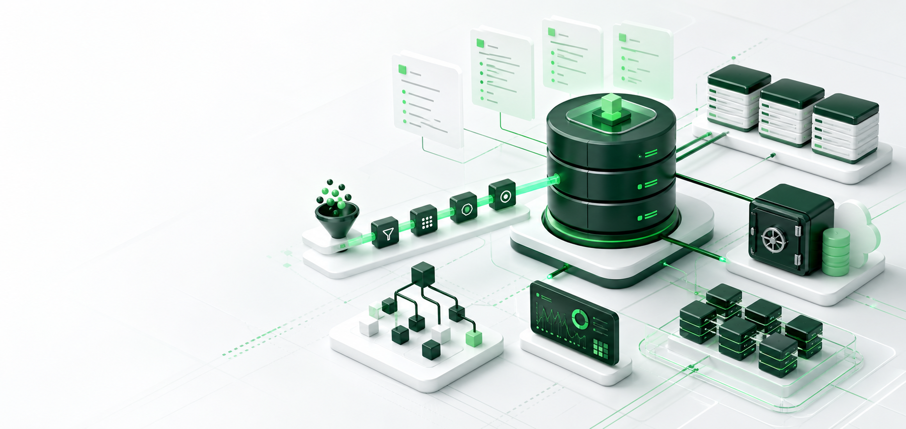 浅色文档数据库场景，MongoDB 风格的文档卡片、聚合管道、索引、备份、复制和分片节点相连