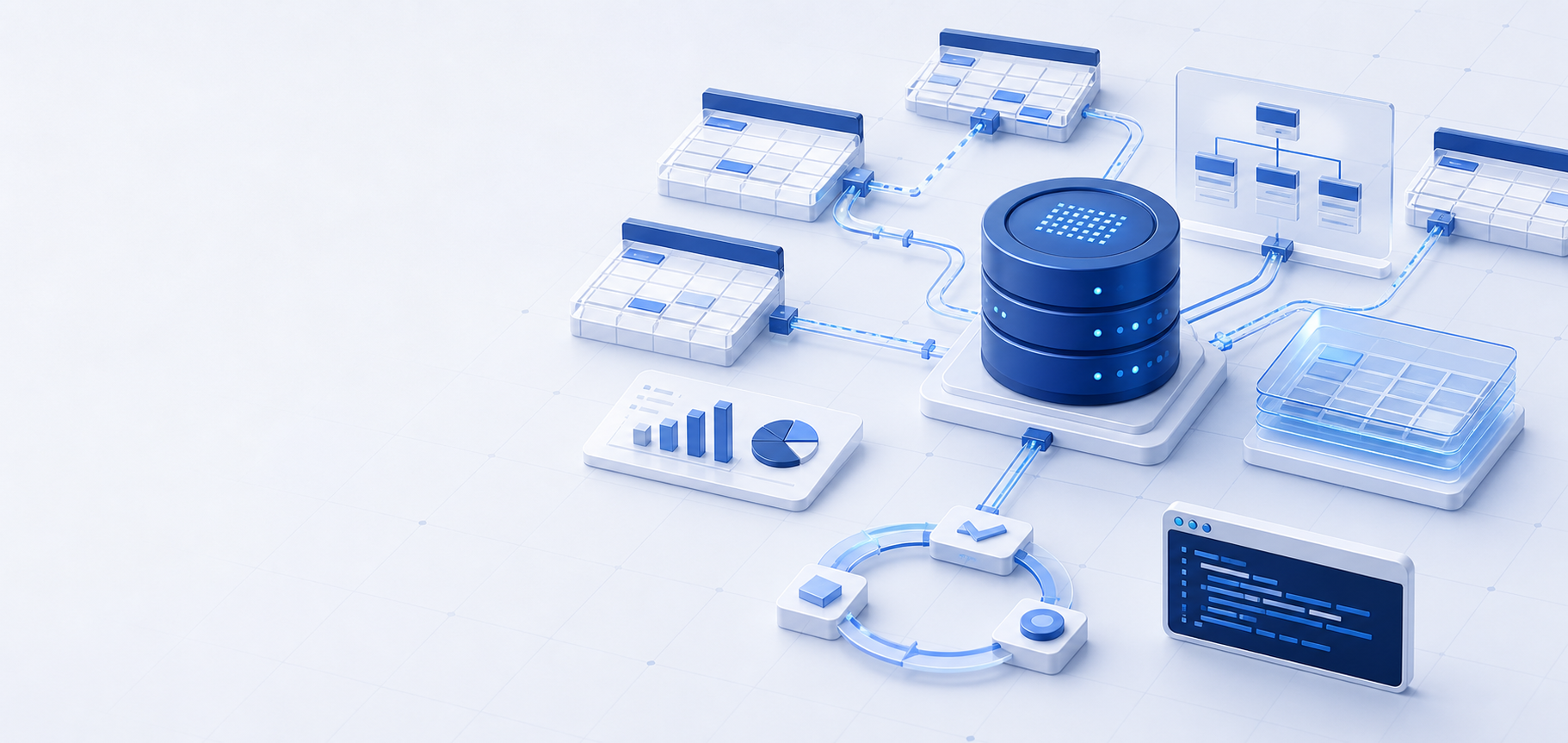 浅色关系型数据库查询场景，PostgreSQL 风格的数据库核心与表连接、聚合、视图、事务和查询逻辑相连